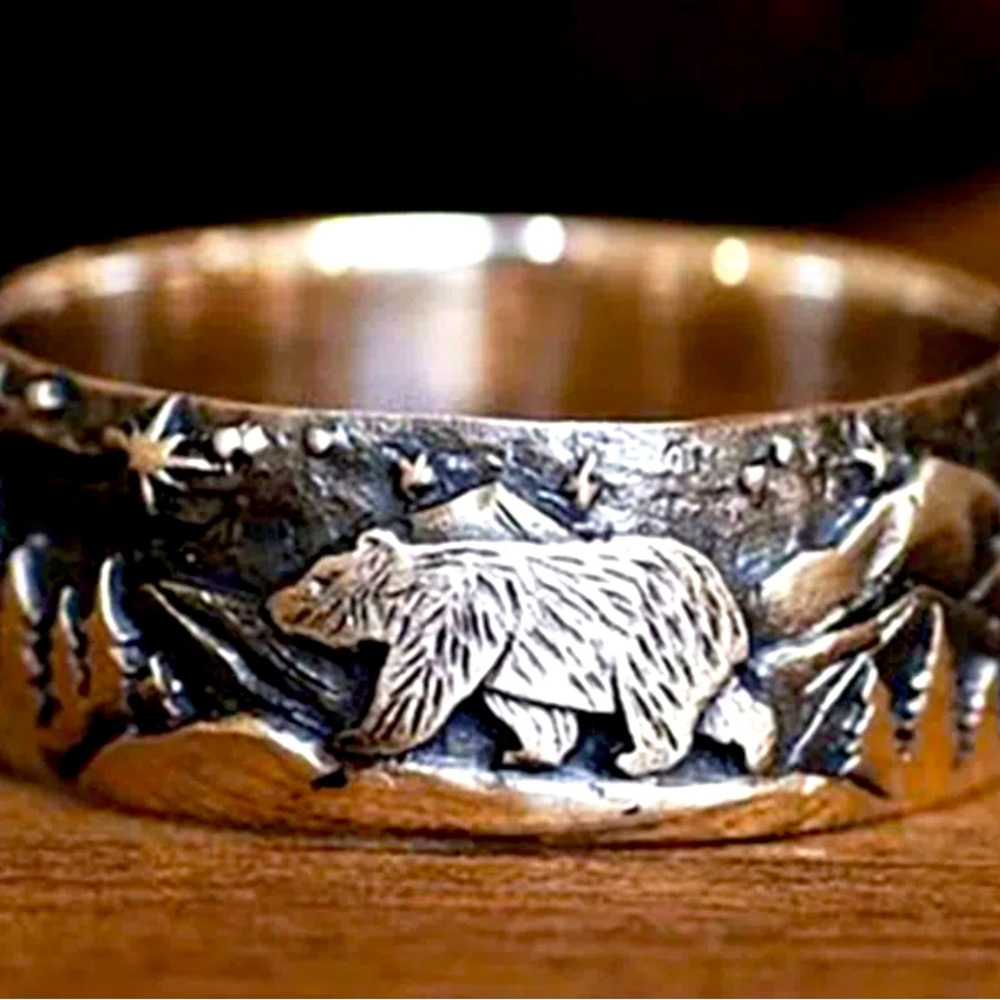 1pc Men’s Mountains & Bear Ring - Zinc Alloy